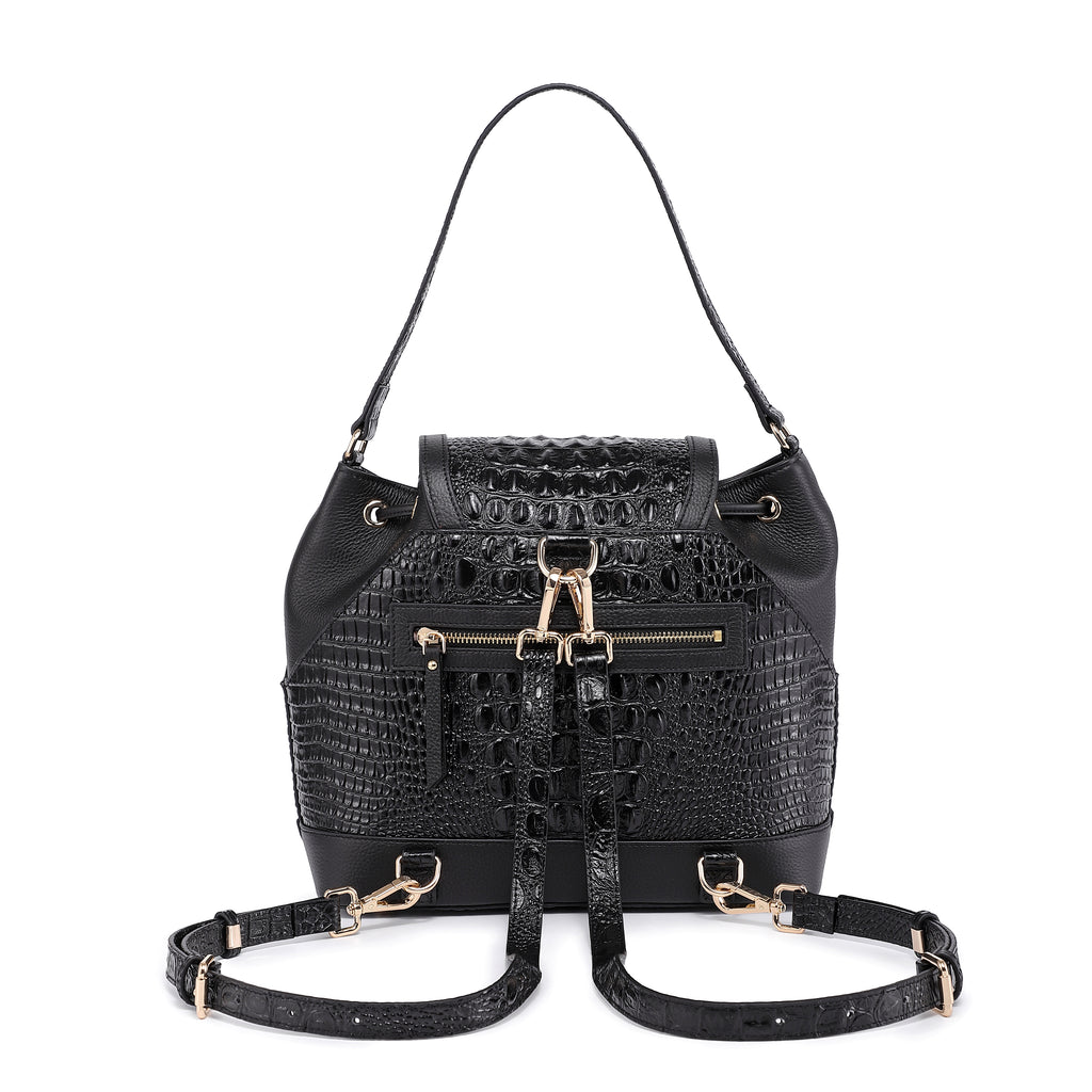 Morimi Croc-Embossed Leather Handbag Bucket/Backpack Black– Vicenzo Leather